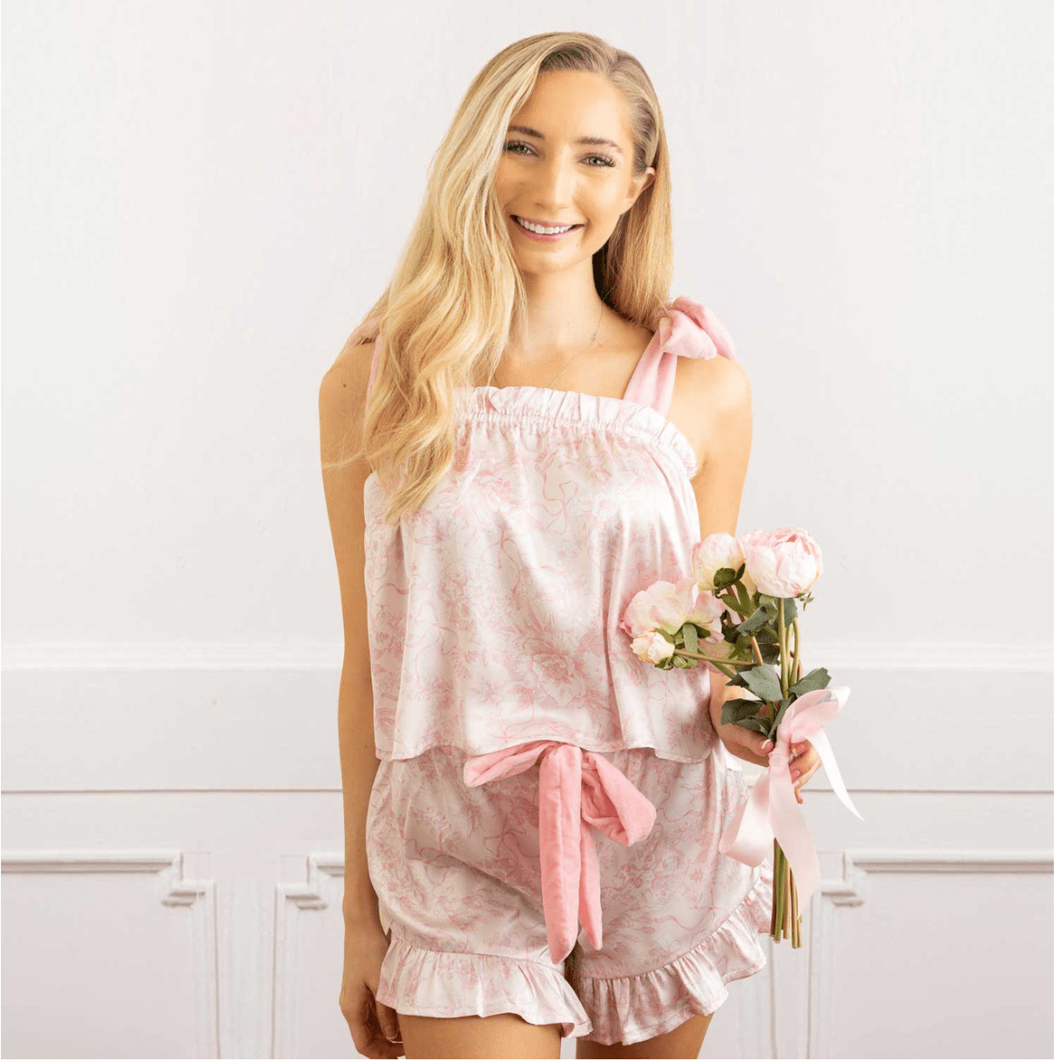 Pink Bow Toile Tie Top PJ Satin Ruffle Short - White Farmhouse Flowers