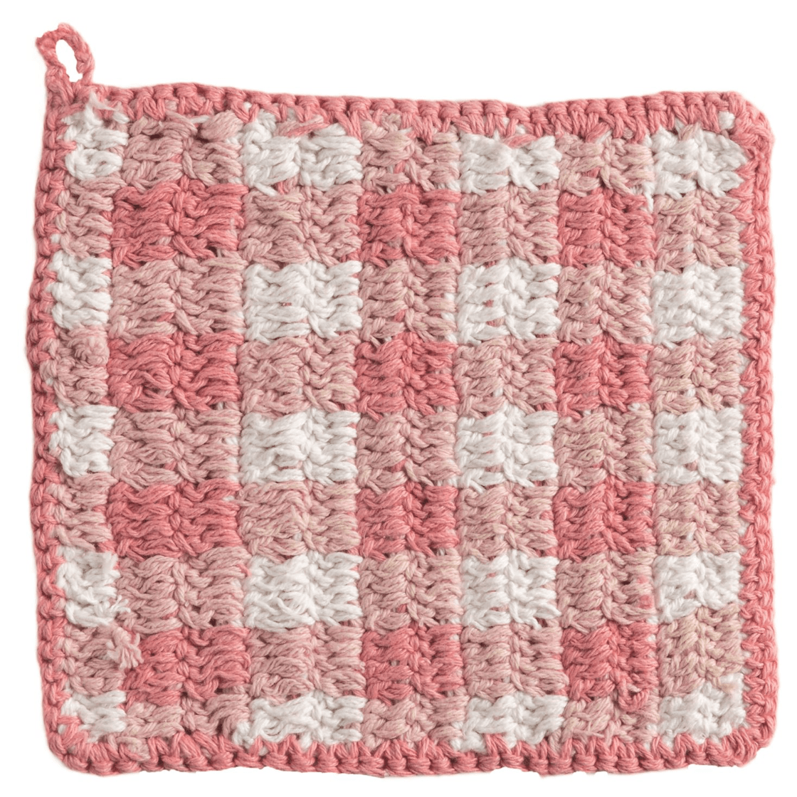 Pink Check Crochet Pot Holder - White Farmhouse Flowers