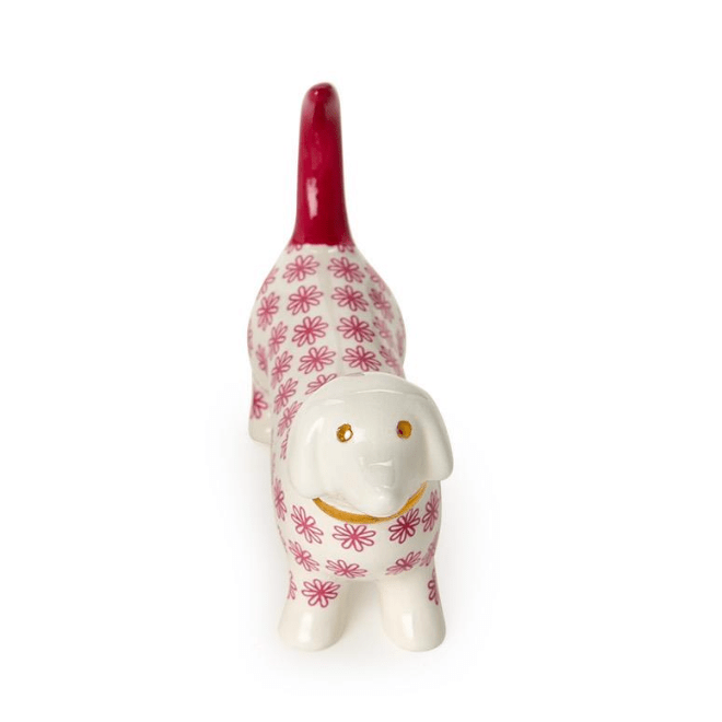 Pink Dog Ceramic Ring Holder - White Farmhouse Flowers