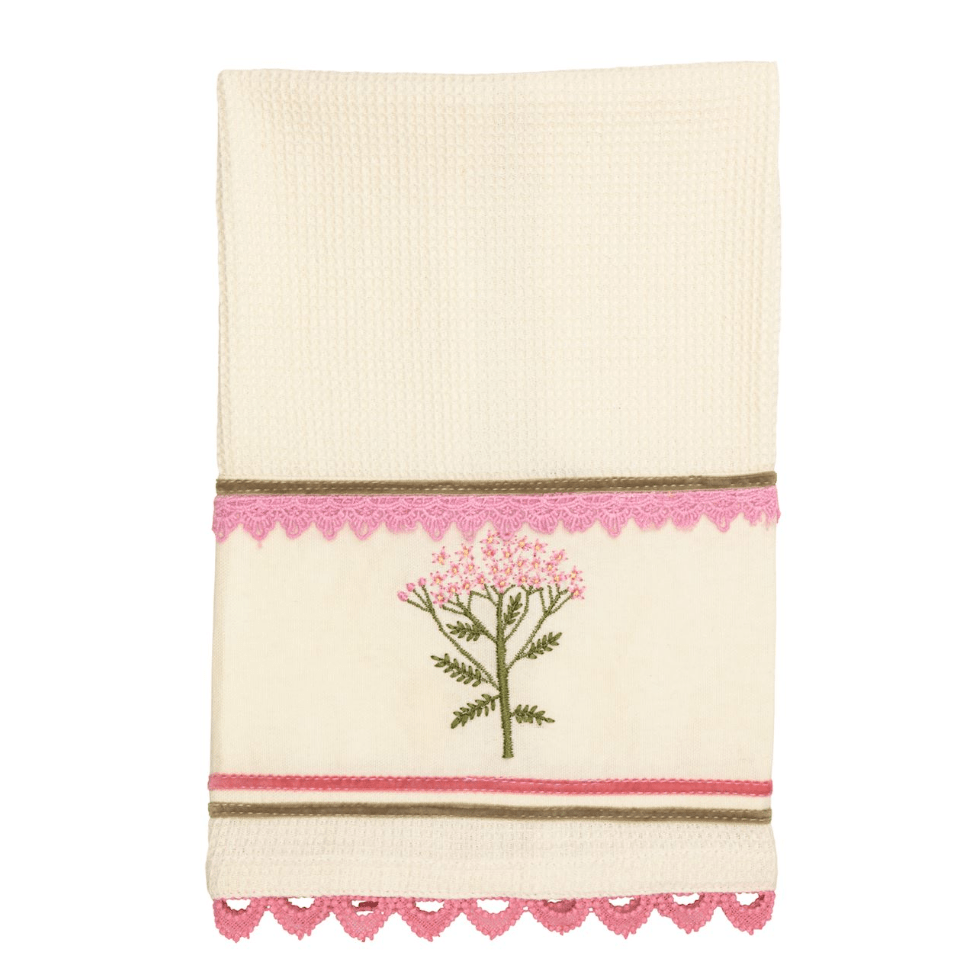 Pink Floral Embroidered Waffle Towel - White Farmhouse Flowers