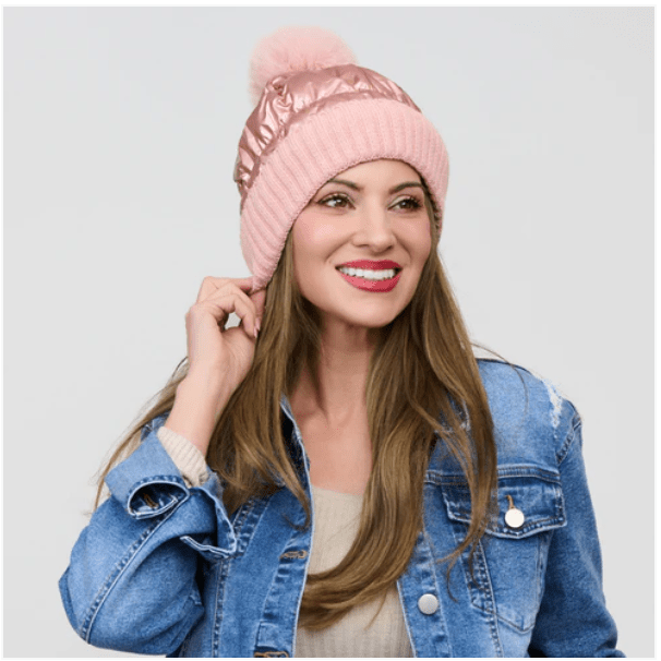 Pink Metallic Puffer Pom Beanie - White Farmhouse Flowers