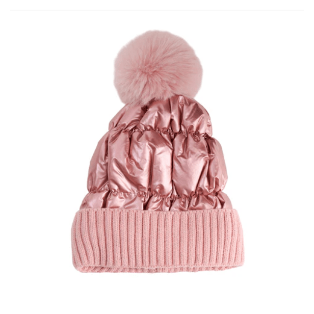 Pink Metallic Puffer Pom Beanie - White Farmhouse Flowers