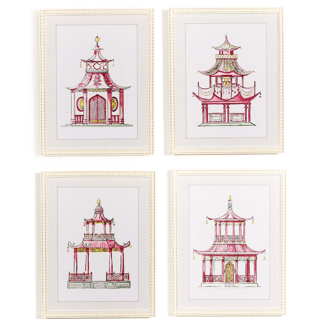 Pink Pagoda White Beaded Framed Wall Art Print - White Farmhouse Flowers