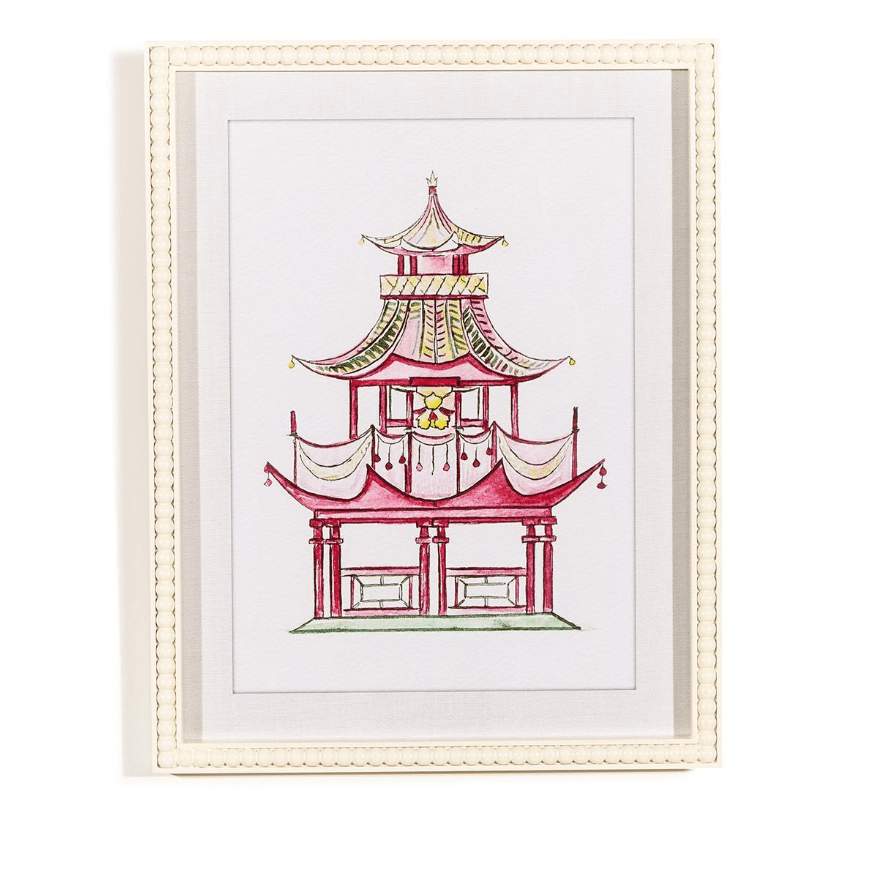 Pink Pagoda White Beaded Framed Wall Art Print - White Farmhouse Flowers