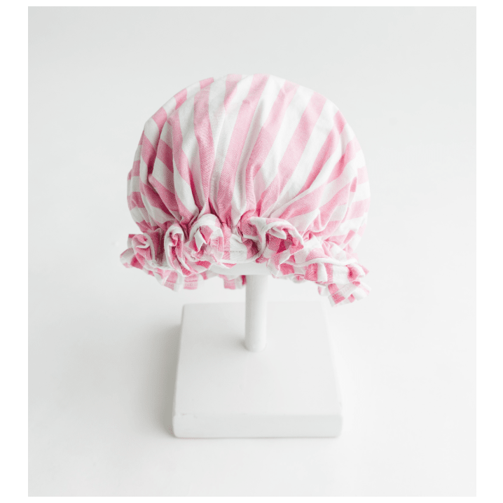 Pink Striped Cabana Shower Cap - White Farmhouse Flowers