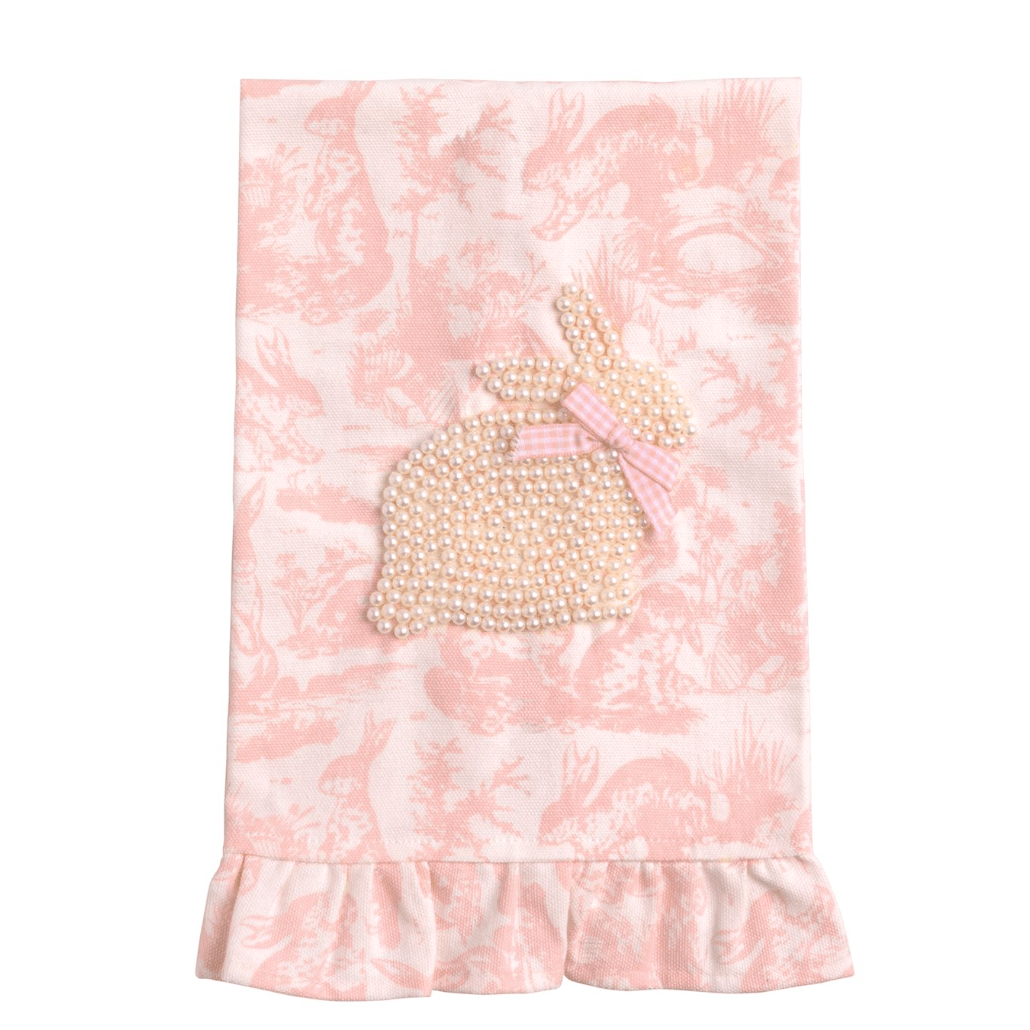 Pink Toile Bunny Pearl Towel - White Farmhouse Flowers