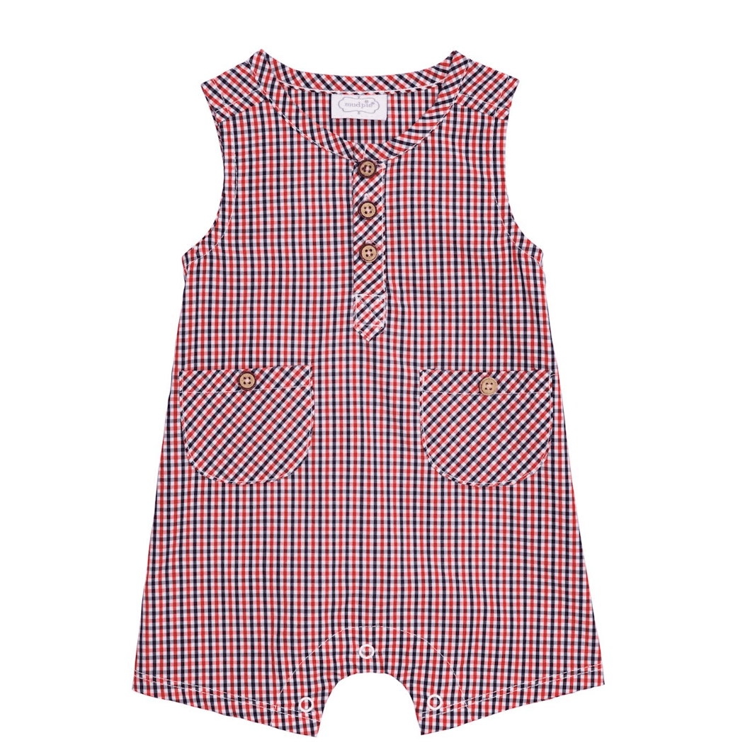 Red Gingham Romper - White Farmhouse Flowers