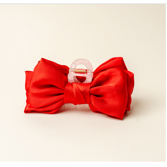Red Satin Bow Claw Clip - White Farmhouse Flowers