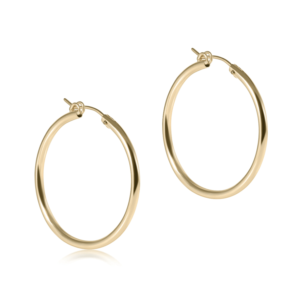Round Gold 1.25" Hoop - Smooth Earrings - White Farmhouse Flowers