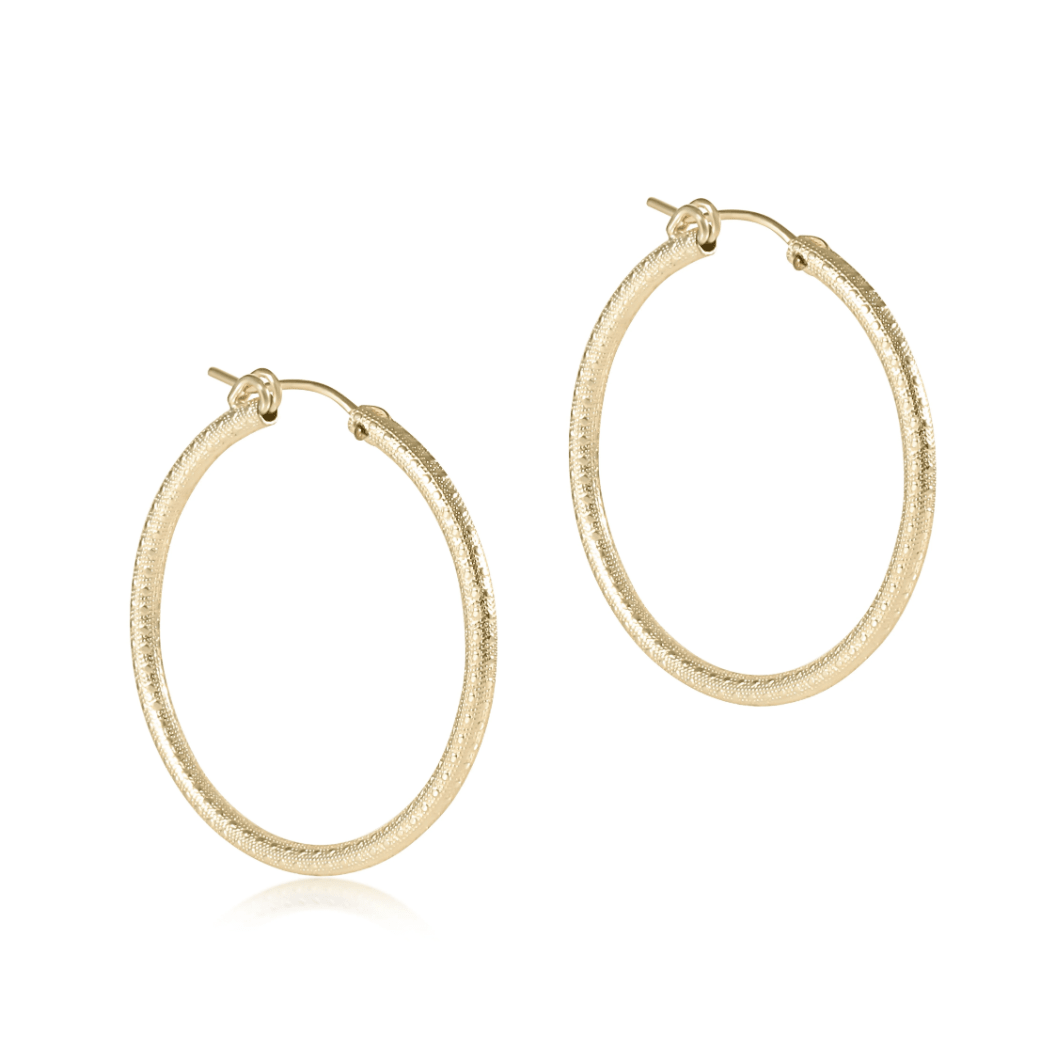 Round Gold 1.25" Hoop - Textured Earrings - White Farmhouse Flowers