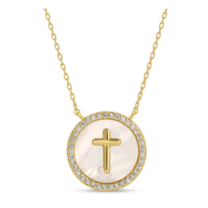 Round Pave Lined Shell Pendant with Cross Necklace - White Farmhouse Flowers