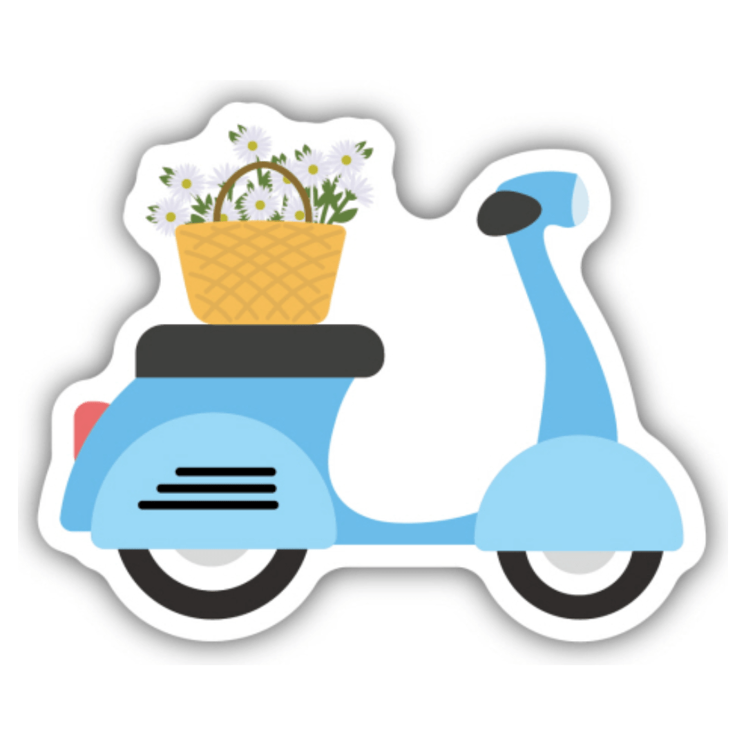 Scooter with Flower Basket Sticker - White Farmhouse Flowers