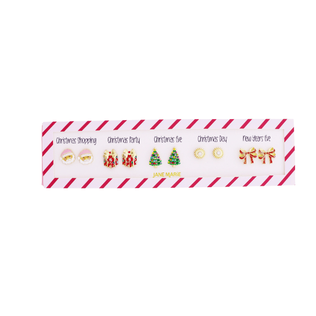 Set of 5 Occassion Earrings, Pink Santa, Christmas Present - White Farmhouse Flowers