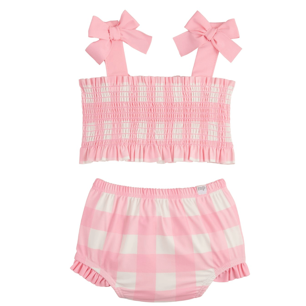 Smocked Pink Check Two Piece Swimsuit - White Farmhouse Flowers
