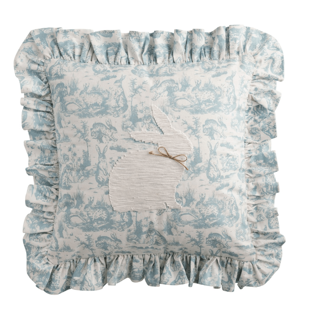 Square Toile Bunny Pillow - White Farmhouse Flowers