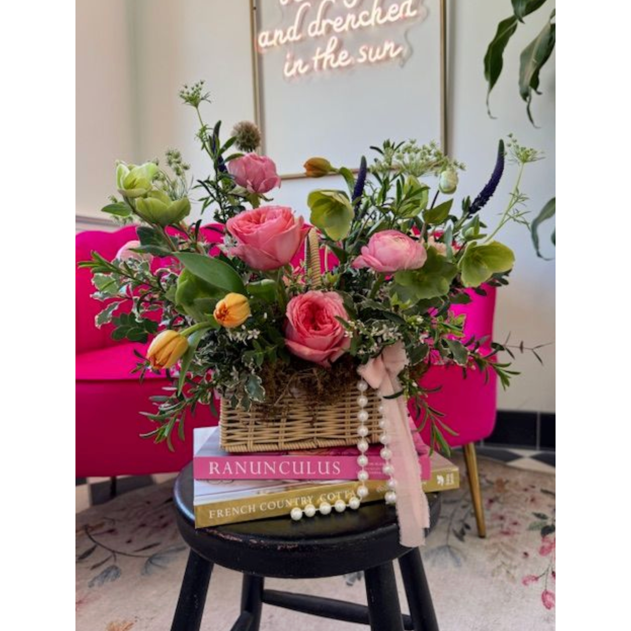 The French Basket - Hot Pink - White Farmhouse Flowers