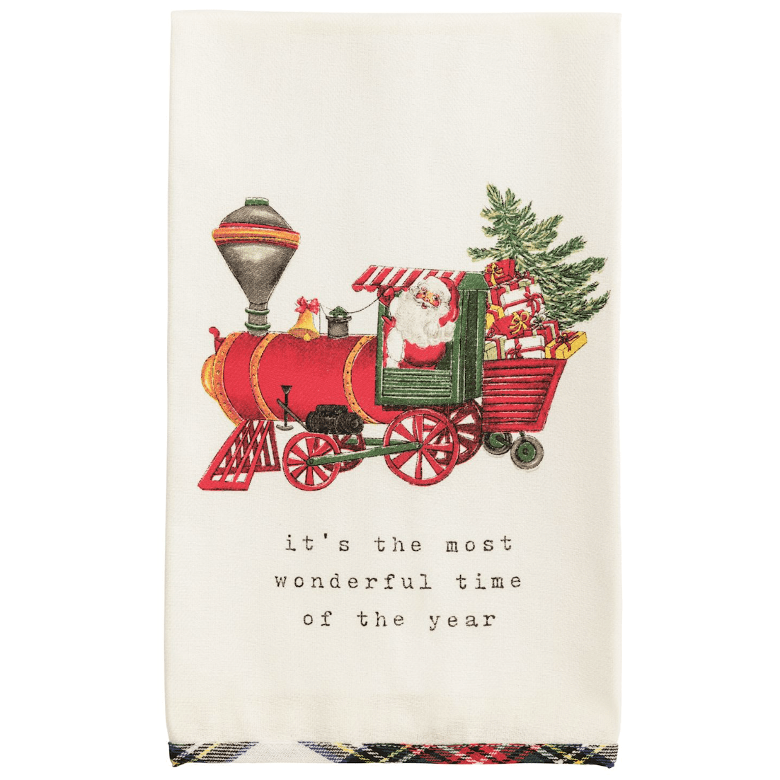 Train Christmas Tartan Hem Towel - White Farmhouse Flowers