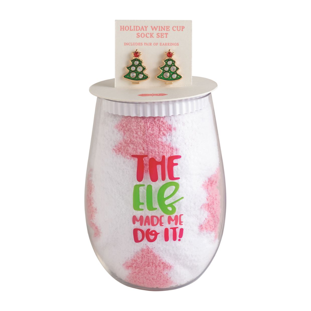 Tree Earrings, Wine Glass & Sock Gift Set