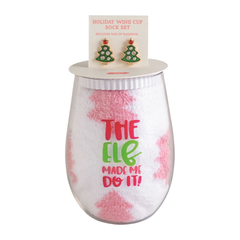 Tree Earrings, Wine Glass & Sock Gift Set