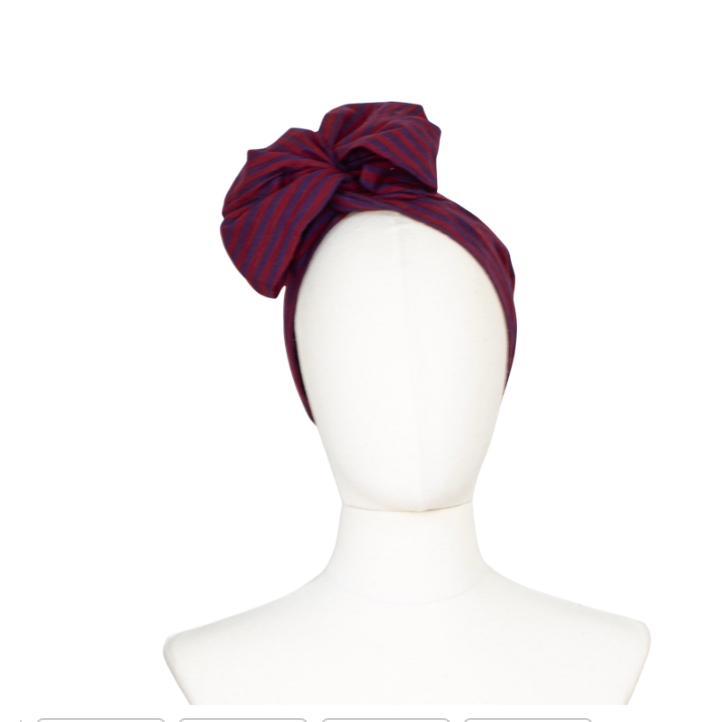 A dark red and navy striped fabric headband styled on a white mannequin head against a plain white background.