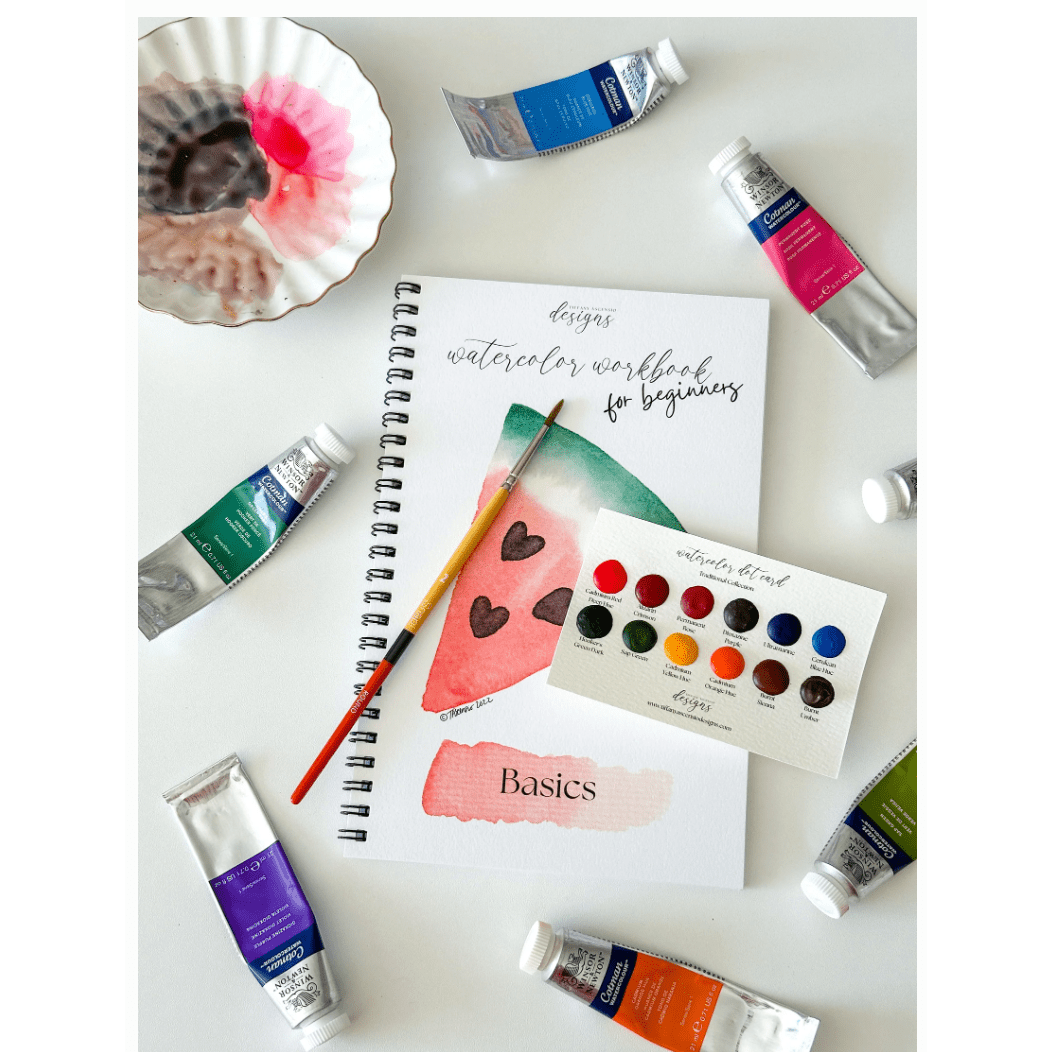 Watercolor Basics Workbook for Beginners + Watercolor Dot Card+ Size 2 Round Brush - White Farmhouse Flowers