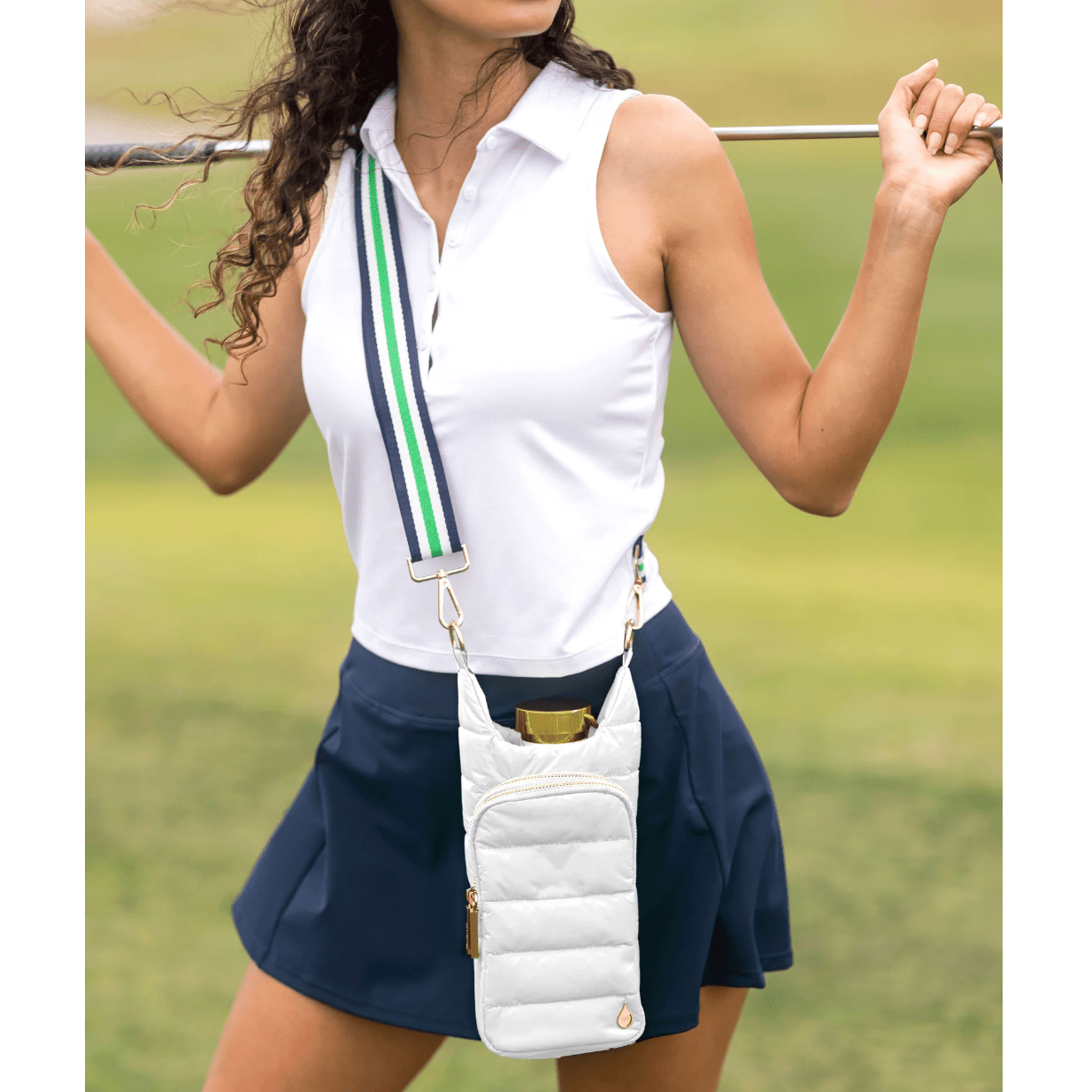 White Ripstop HydroBag with Green, White, Navy Striped Strap - White Farmhouse Flowers