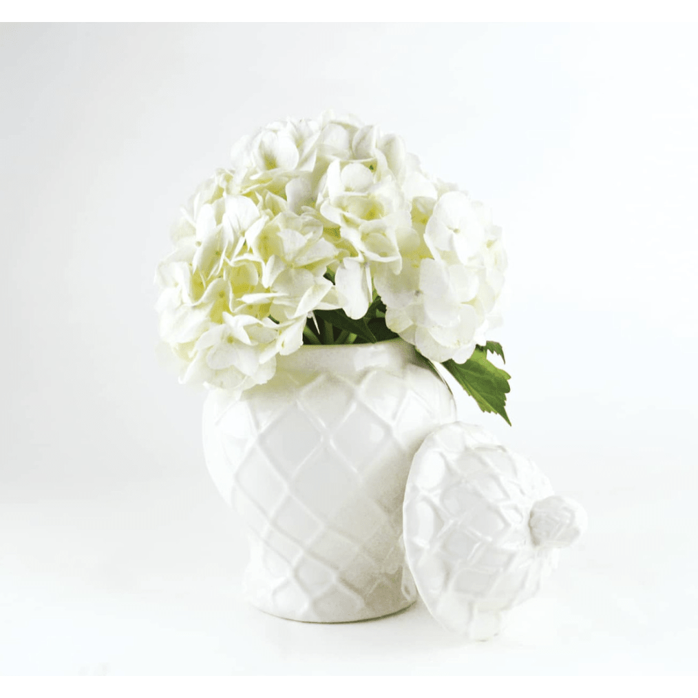 White Small Textured Ginger Jar - White Farmhouse Flowers