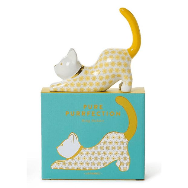 Yellow Cat Ceramic Ring Holder - White Farmhouse Flowers