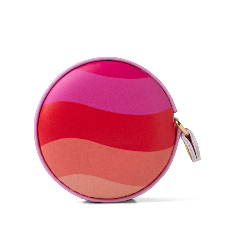 Round pink and red striped pouch on a white background