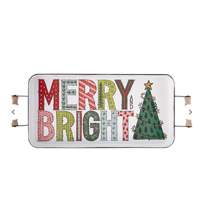 Decorative sign with 'Merry Bright' text and Christmas tree design on a white background