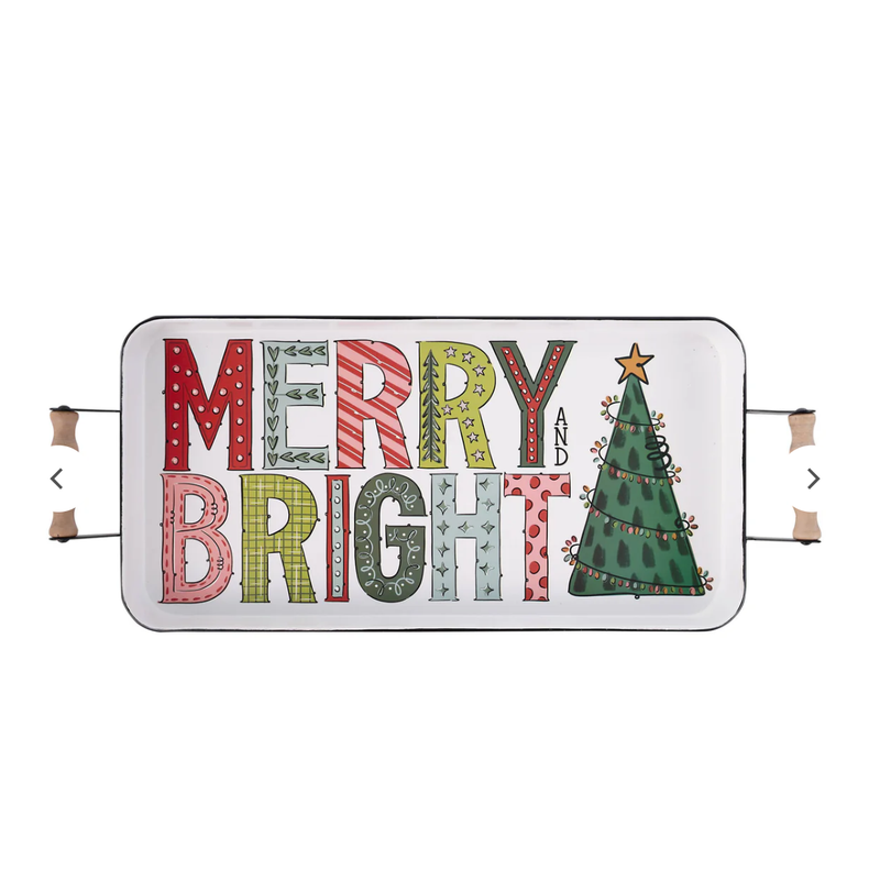 Decorative sign with 'Merry Bright' text and Christmas tree design on a white background