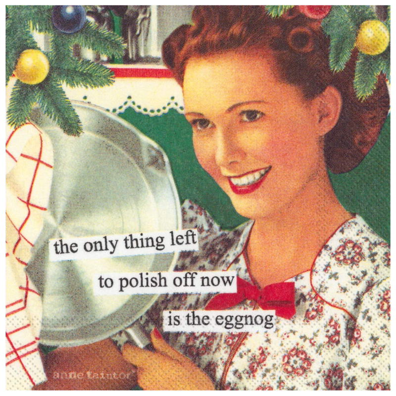 Vintage-style illustration of a woman with text overlay about eggnog, surrounded by Christmas decorations.