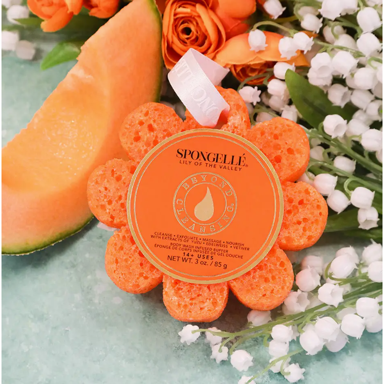 Orange sponge with 'Spongellé' branding surrounded by flowers and a cantaloupe slice.