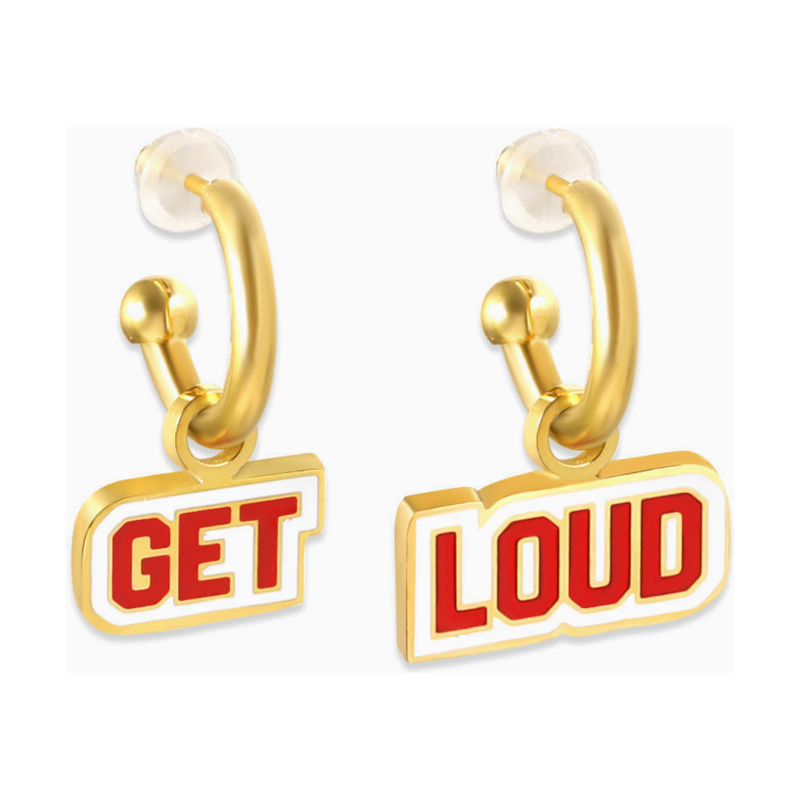 Gold hoop earrings with red 'GET LOUD' charms on a white background
