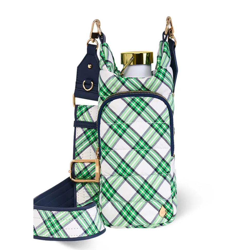Green and white checkered wine bag with gold accents on a white background