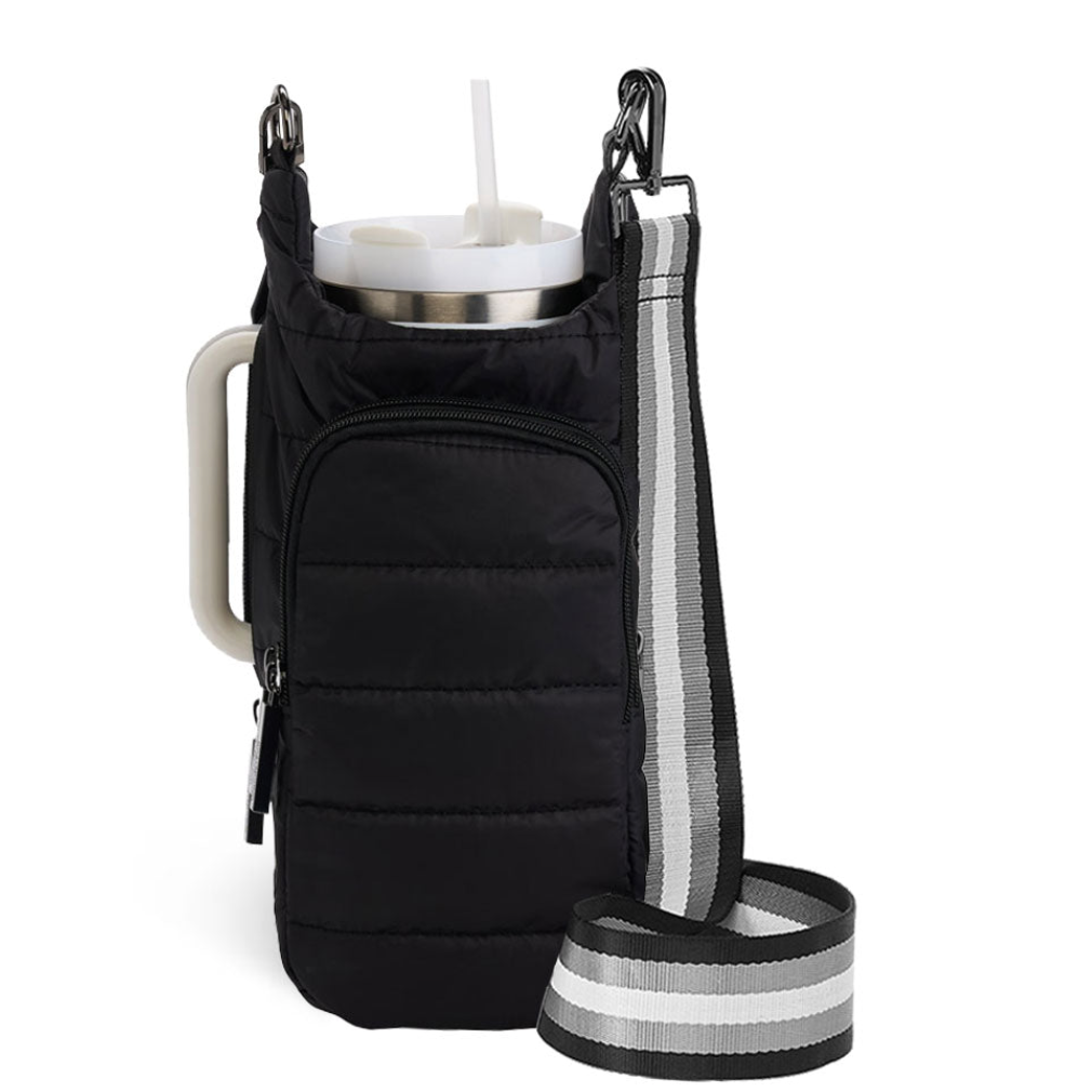 Black insulated drink holder with a handle and reflective strap on a white background
