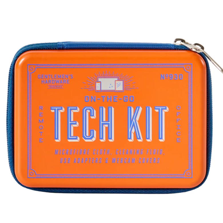 An orange zippered tech kit pouch with blue trim and a vintage-style label reading 'TECH KIT' on the front, shown on a white background.