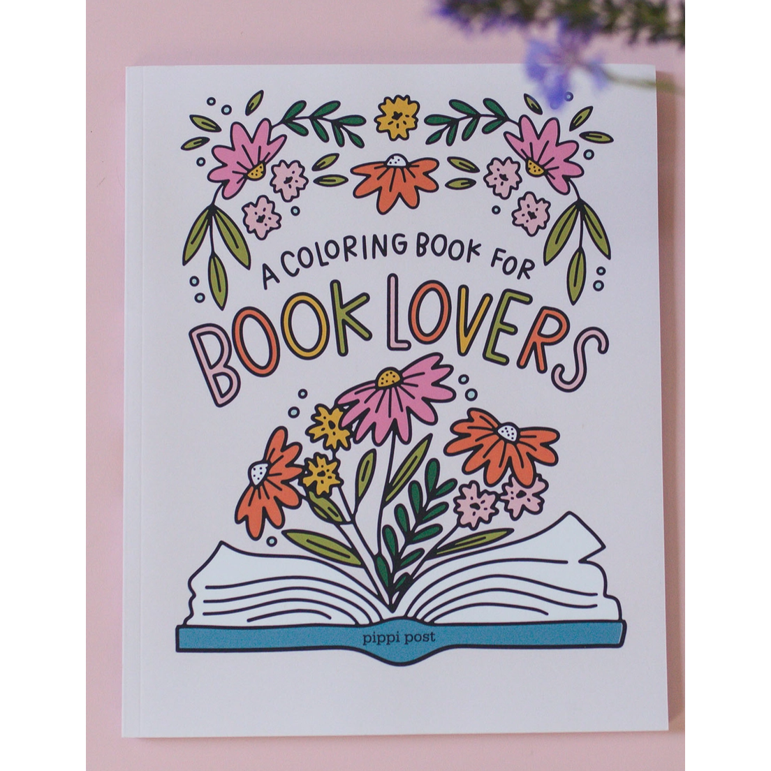 Coloring book for book lovers with floral design on a pink background