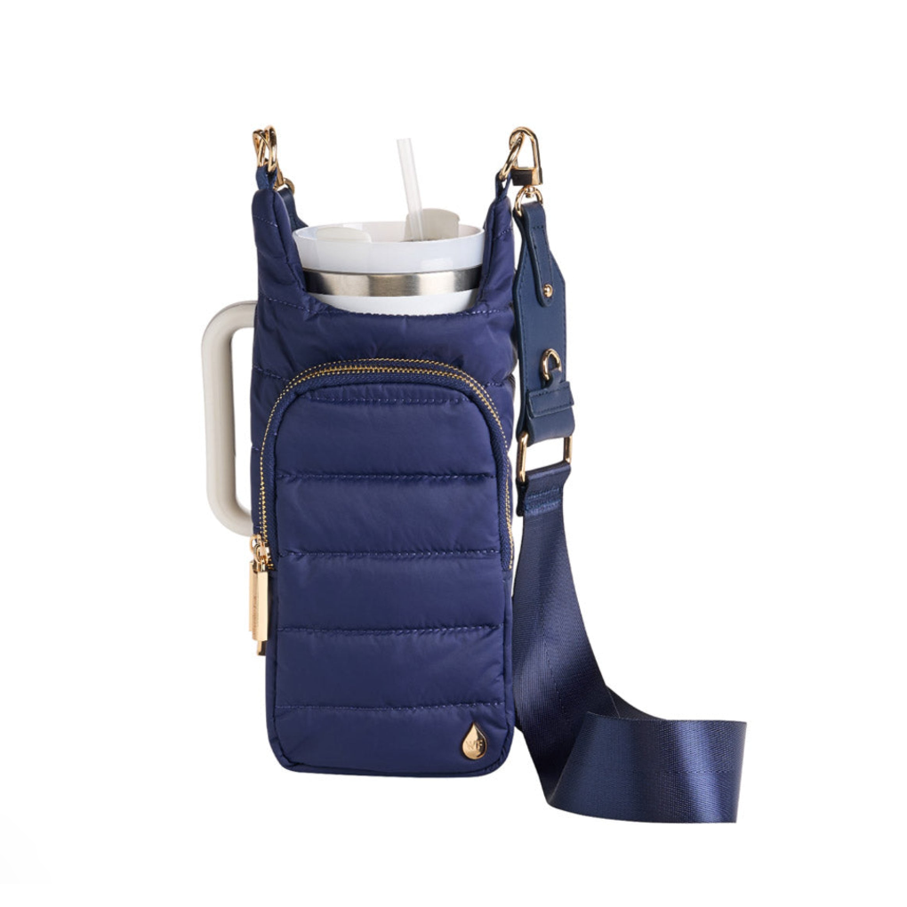 Navy blue drink holder with a white cup on a white background