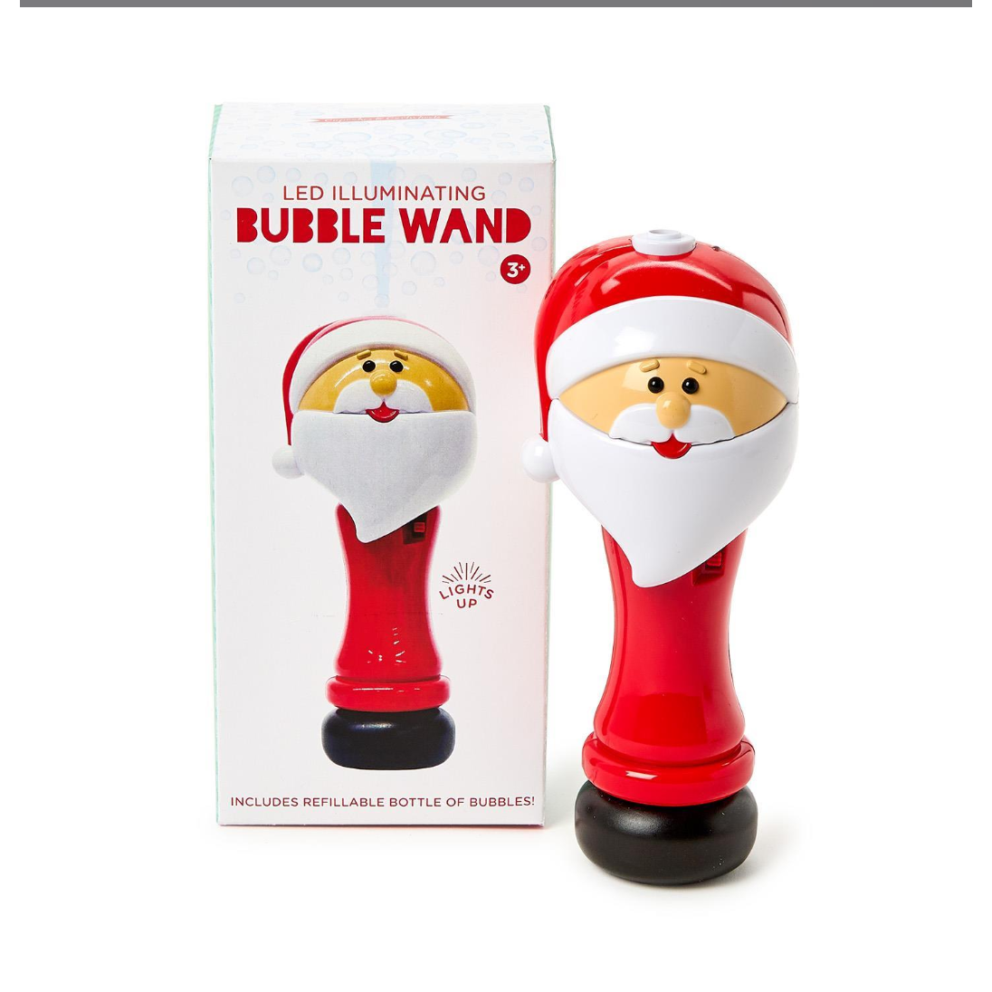 Santa Claus-themed LED bubble wand with packaging on a white background