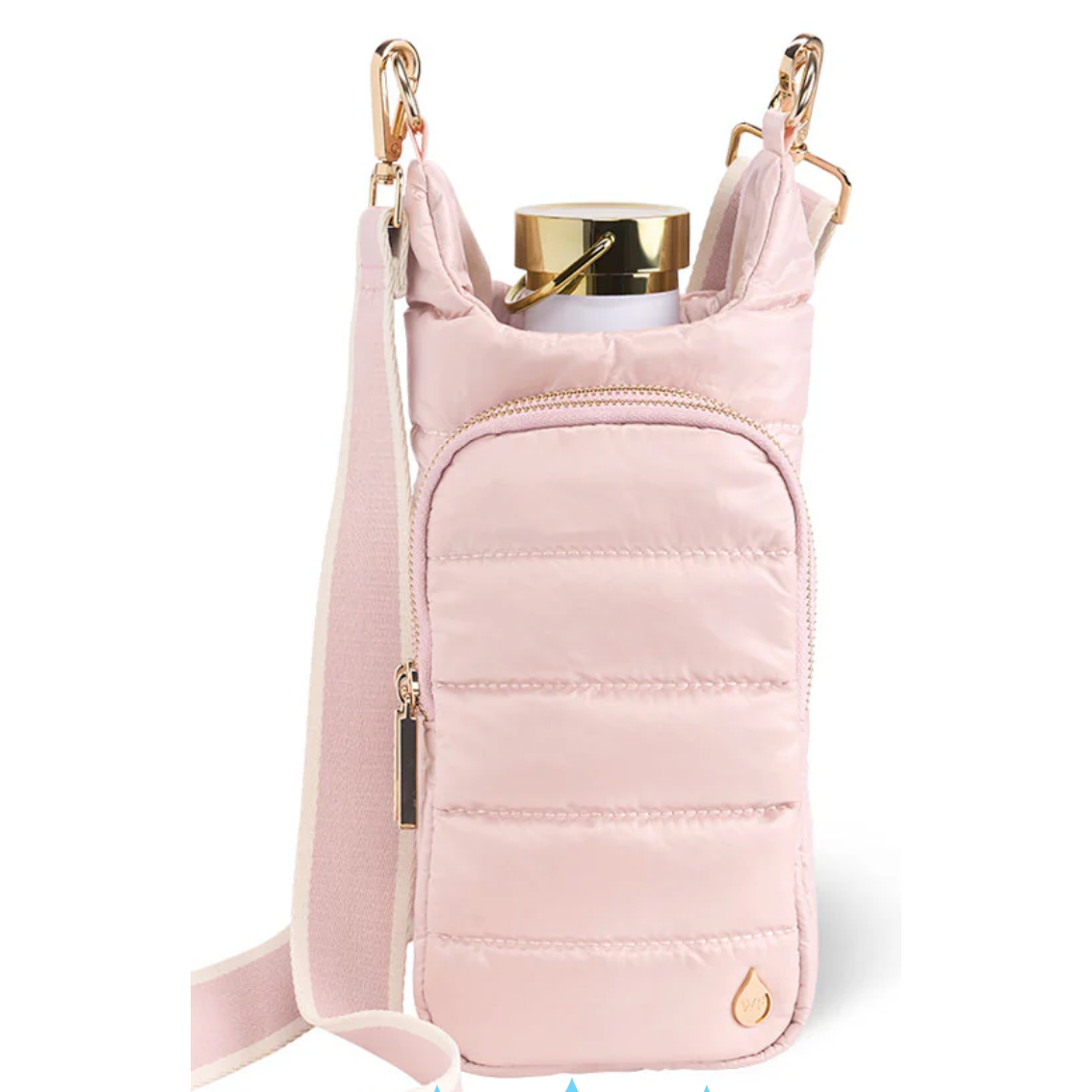 Pink quilted crossbody bag with a gold clasp on a white background