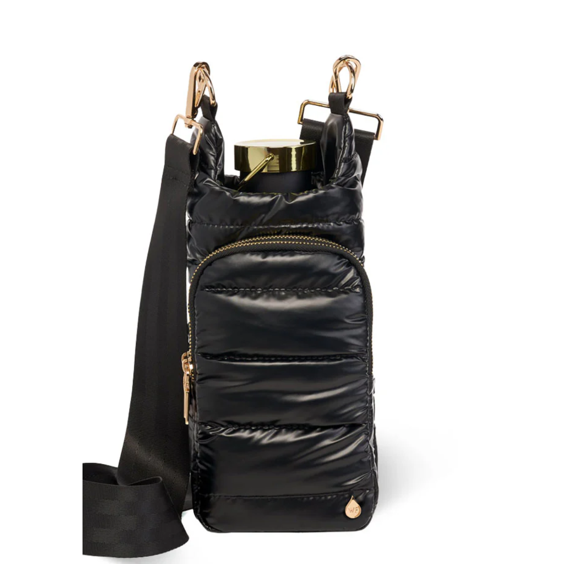 Black quilted handbag with gold accents on a white background
