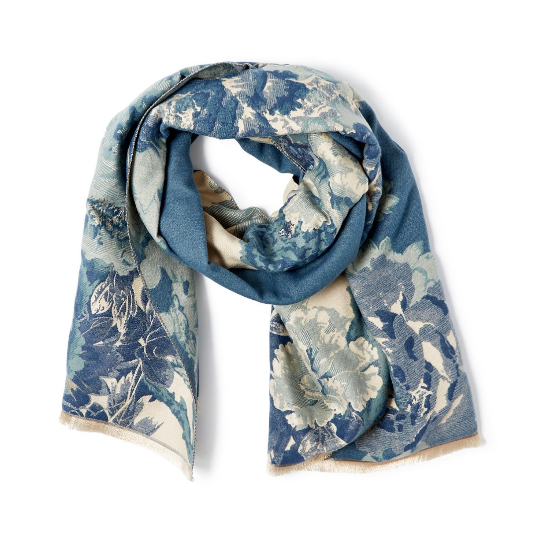 Blue floral patterned scarf on a white background