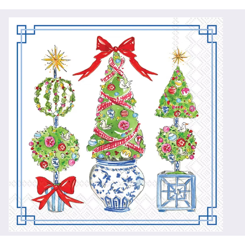 Decorative Christmas-themed topiary design with trees and wreaths on a white background.
