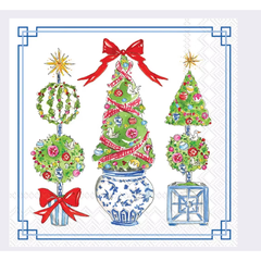 Decorative Christmas-themed topiary design with trees and wreaths on a white background.