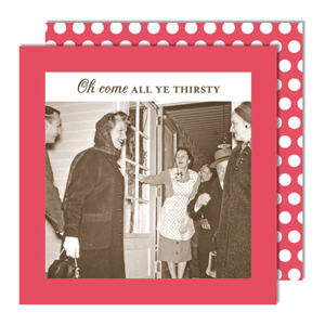 Vintage photo of people at a door with a red border and polka dot pattern.