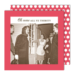 Vintage photo of people at a door with a red border and polka dot pattern.