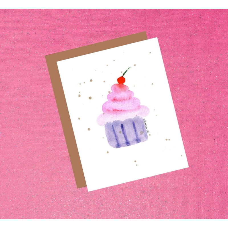 Pink and Purple Watercolor Cupcake Celebration Birthday Greeting Card