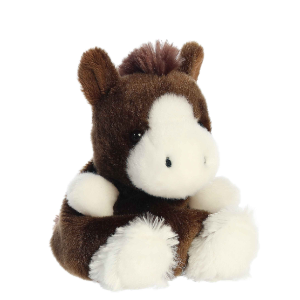 Plush horse toy with brown and white fur on a white background