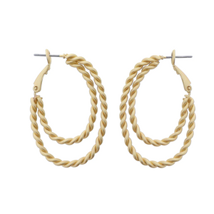 2 Layer Gold Twist Oval Hoop Earrings 1.5" Top to Bottom Pendant